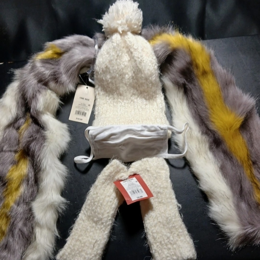 New With Tag White Mask &white Arm Warmer, White Knit Hat,multi Color FurScaf